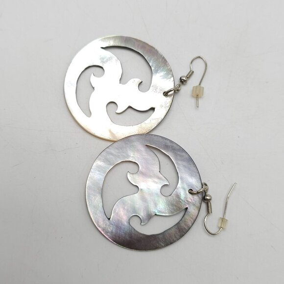 Round Abalone Shell Dangle Earrings With Swirl Design Vintage - Picture 5 of 6